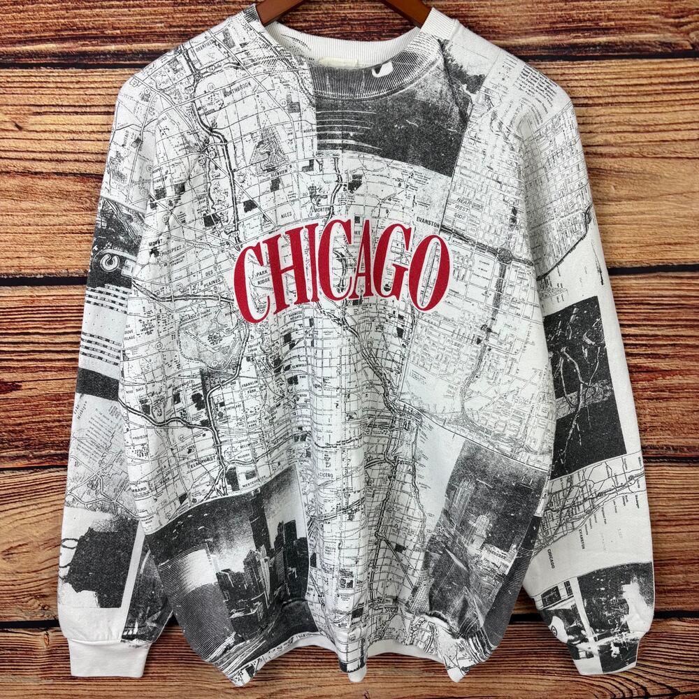 Vintage 1990s Chicago Map All Over Print Crewneck